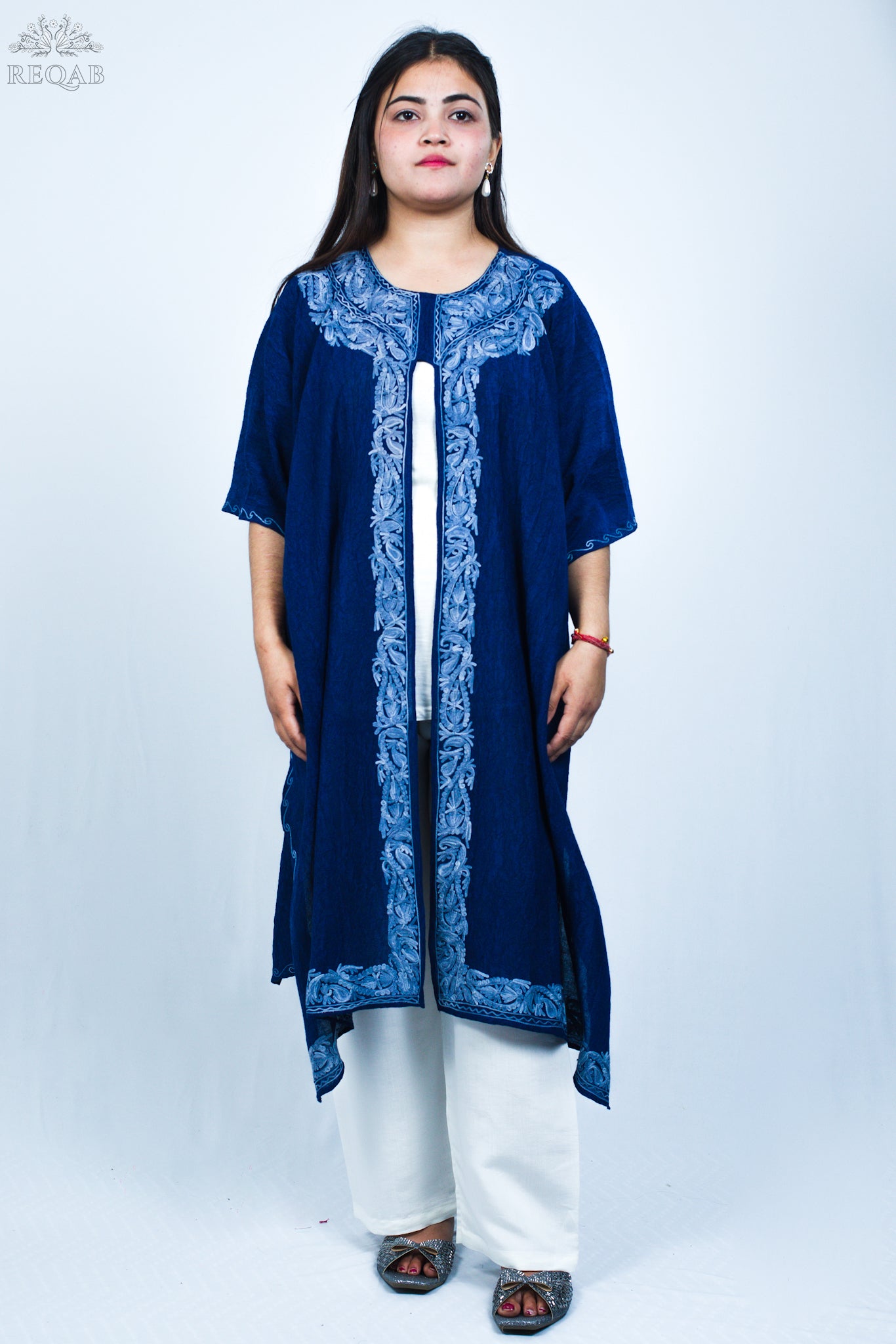 Lucky Point Blue Medium Open Kaftan with Aari Embroidery