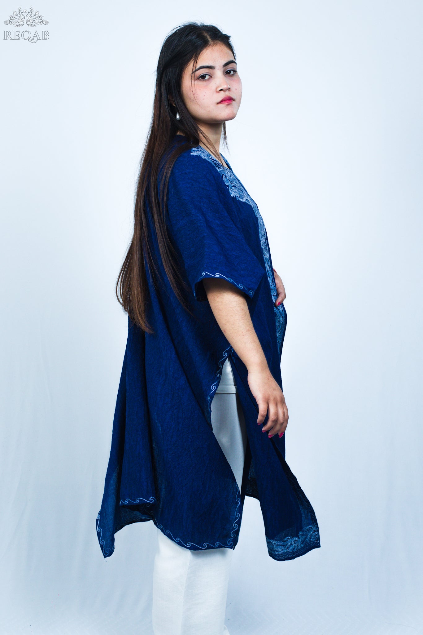 Lucky Point Blue Medium Open Kaftan with Aari Embroidery