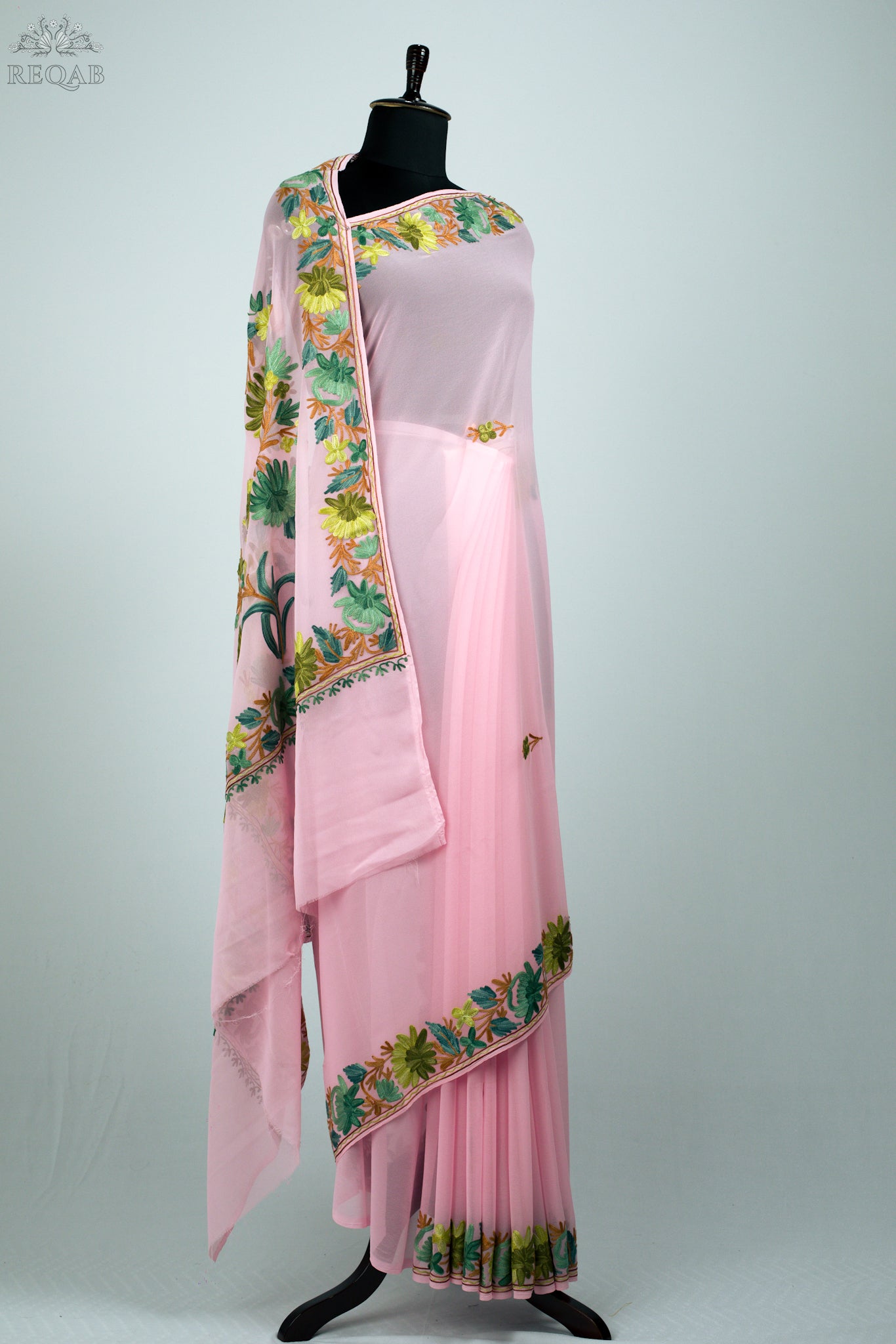 Azalea Pink Semi-Georgette Saree with Aari Embroidery