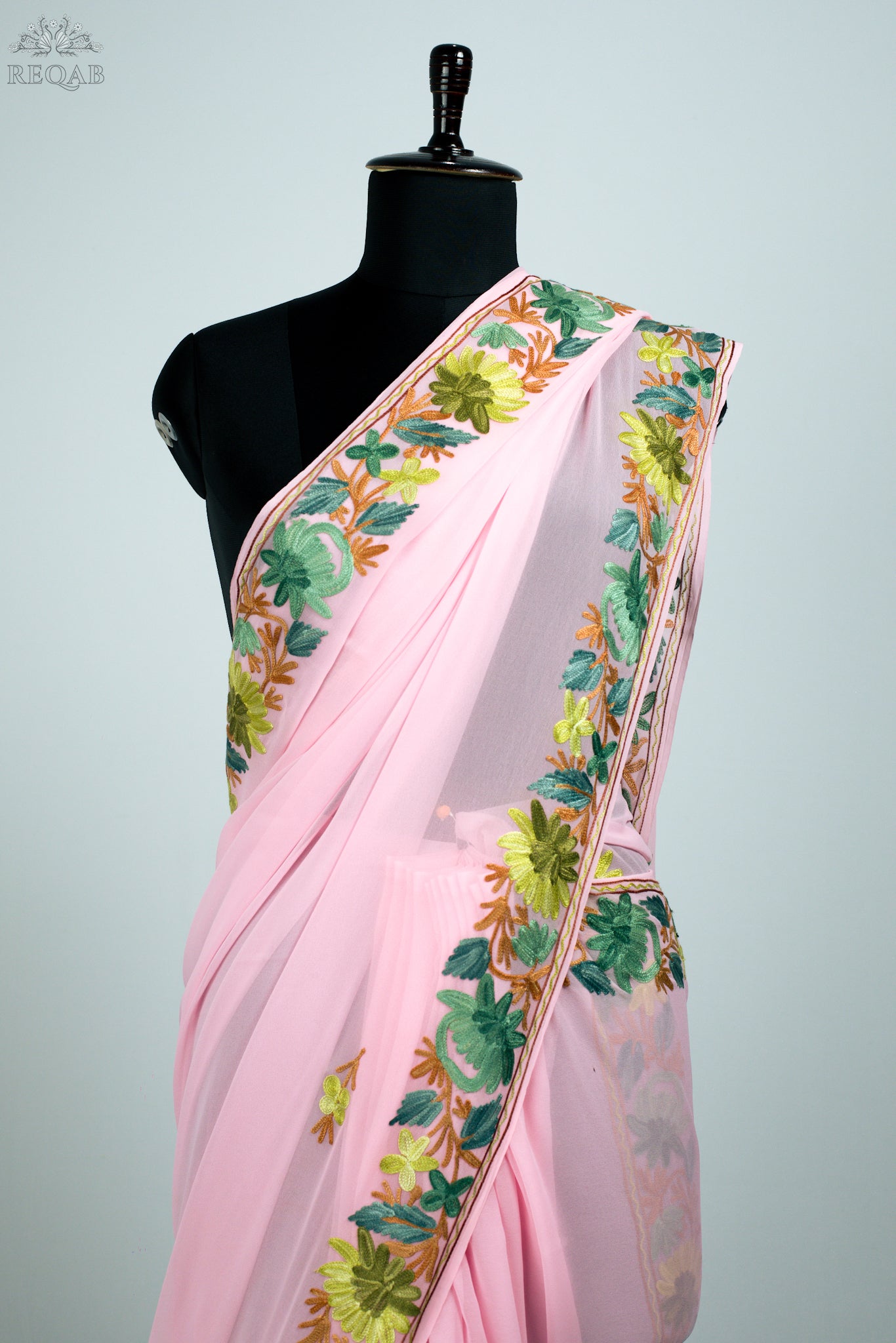 Azalea Pink Semi-Georgette Saree with Aari Embroidery