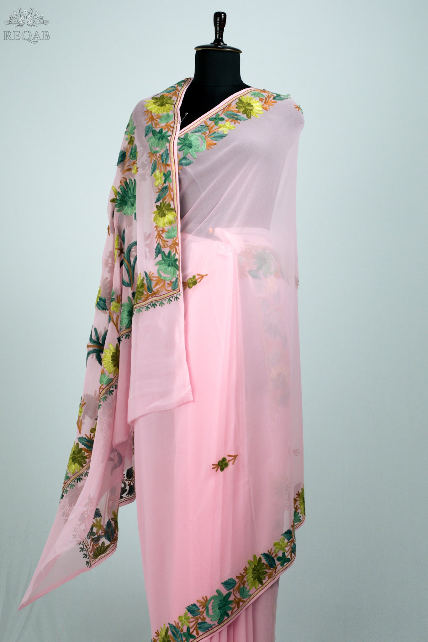 Azalea Pink Semi-Georgette Saree with Aari Embroidery