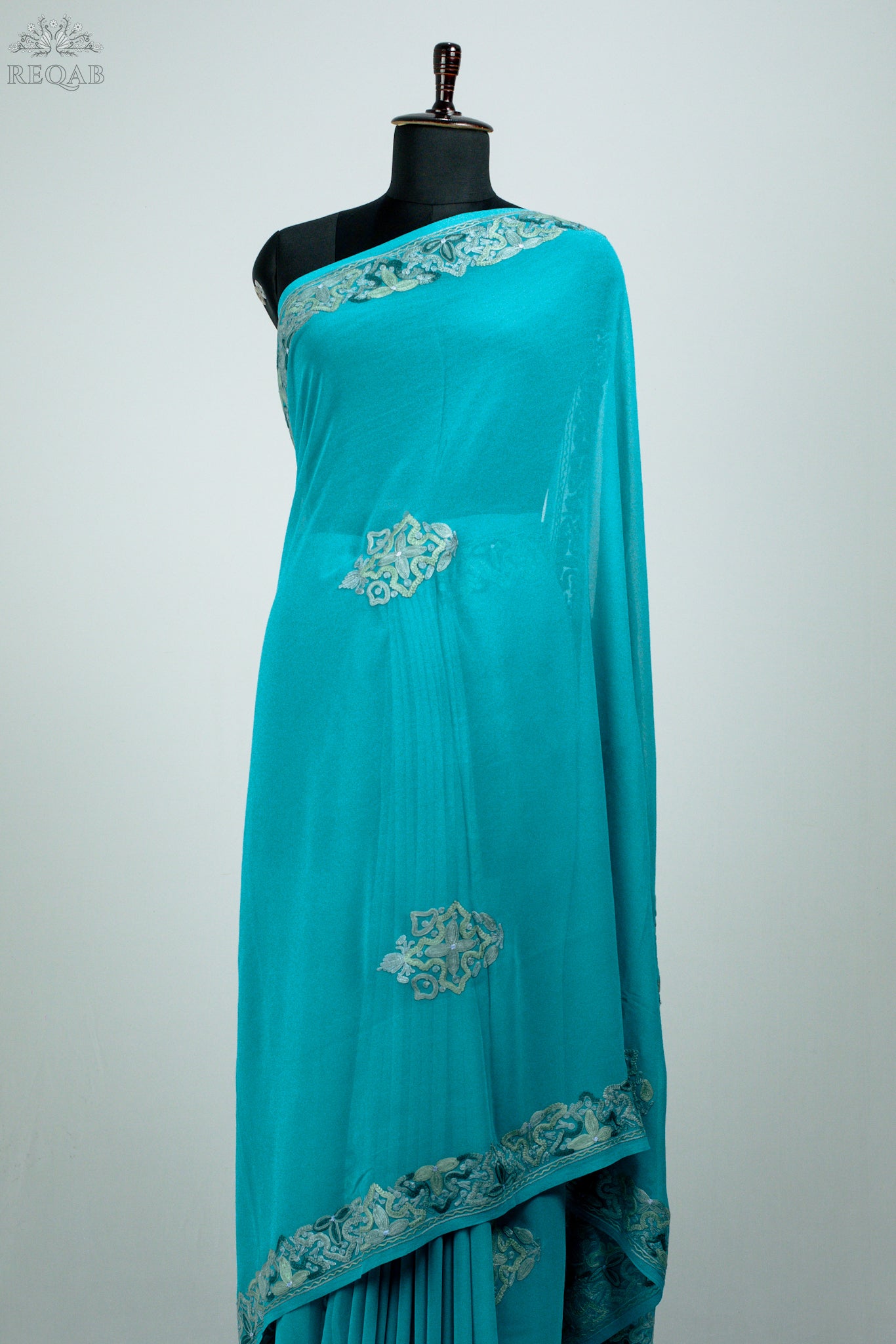 Light Sea Semi-Georgette Saree with Aari Embroidery