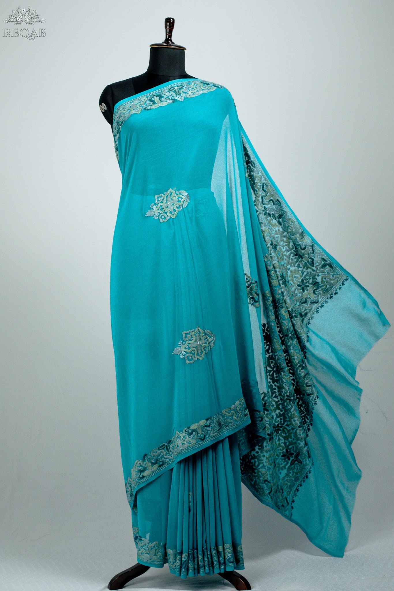 Light Sea Semi-Georgette Saree with Aari Embroidery