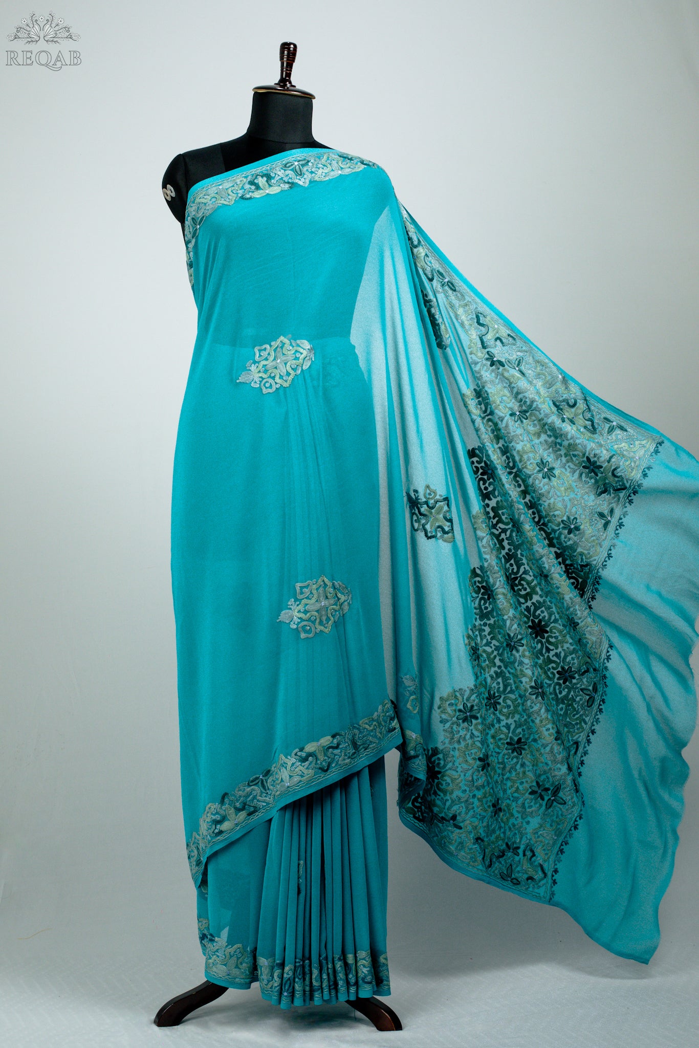 Light Sea Semi-Georgette Saree with Aari Embroidery