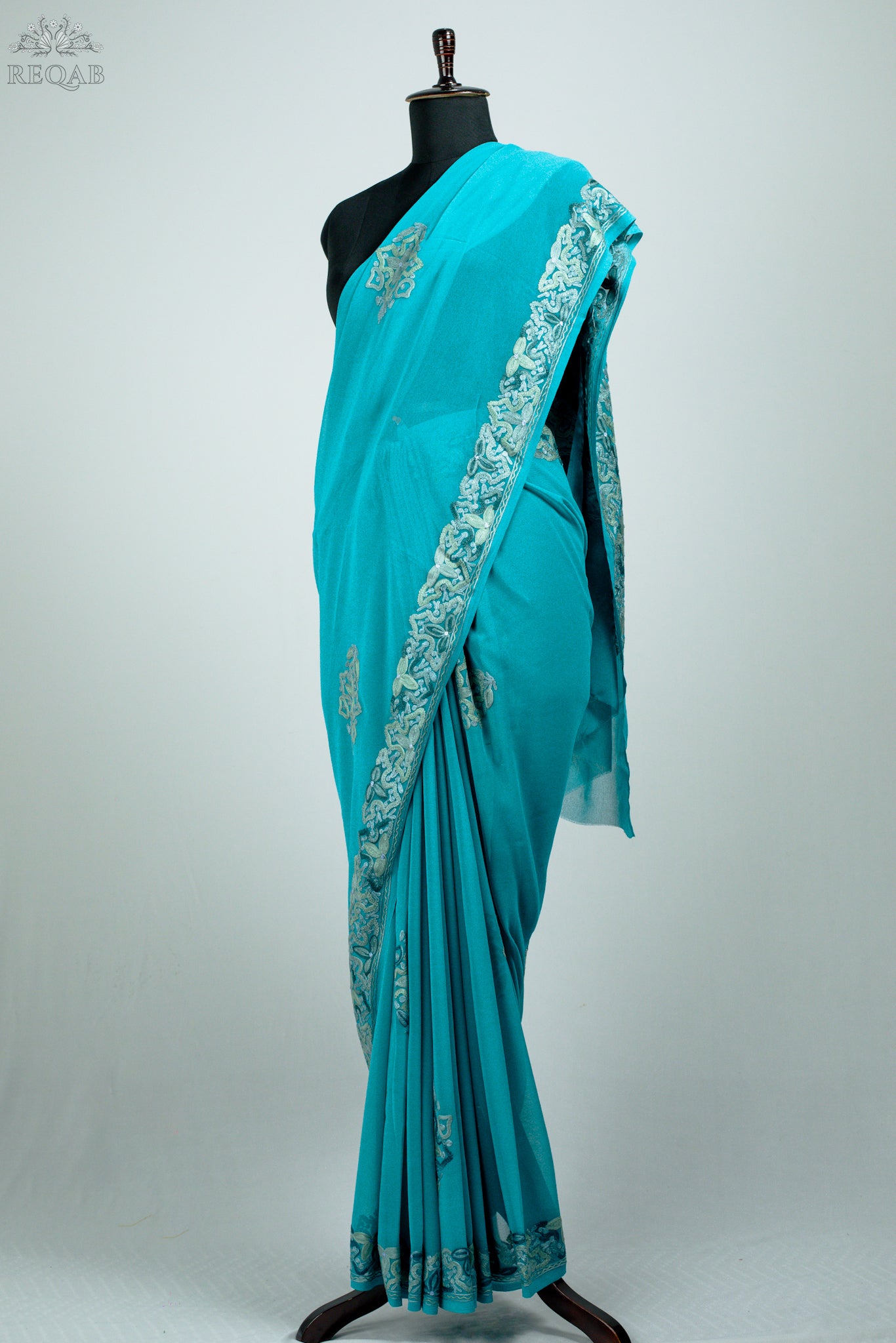 Light Sea Semi-Georgette Saree with Aari Embroidery