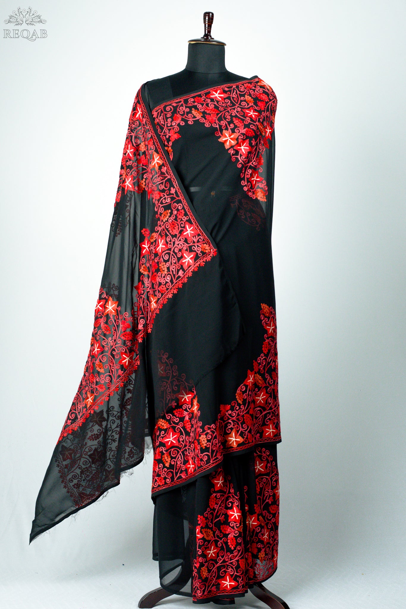 Woodsmoke Semi-Georgette Saree with Aari Embroidery