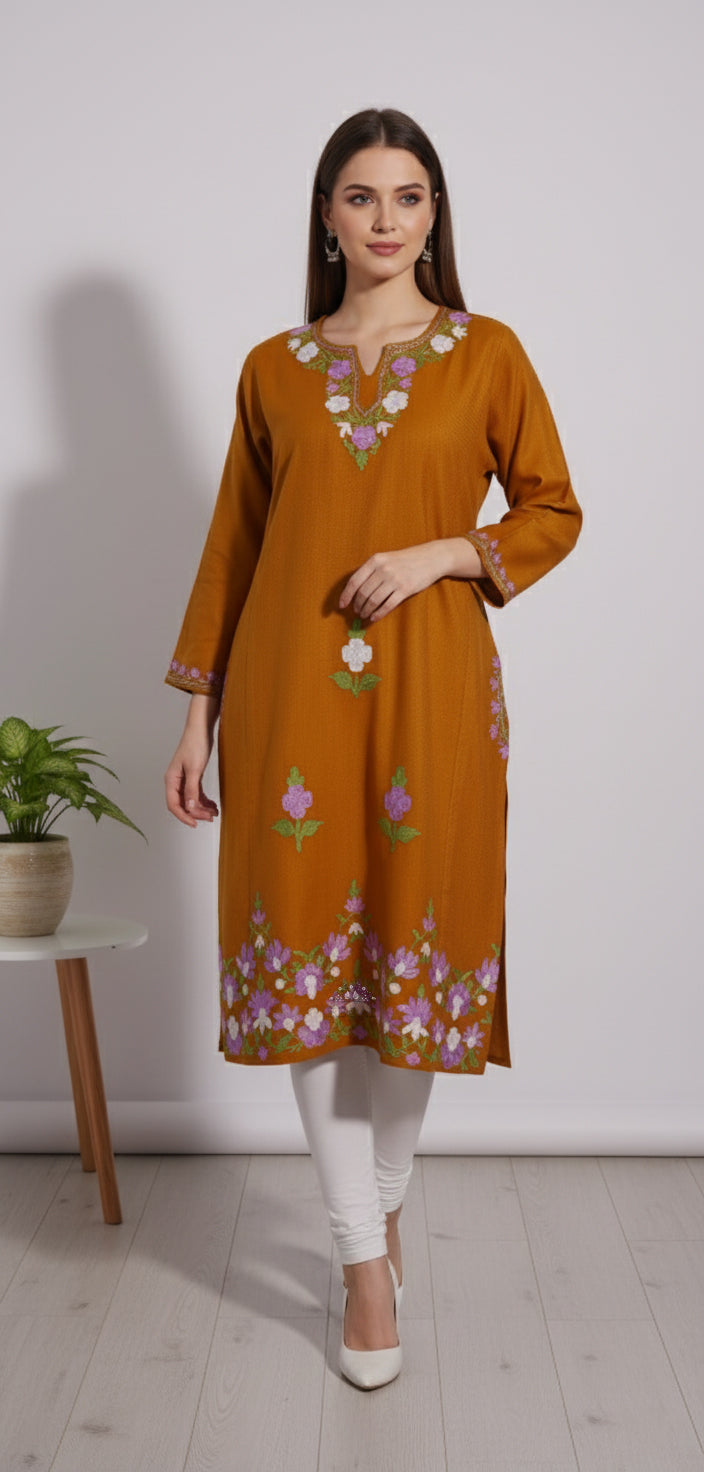 Harvest Gold Pheran with Aari Embroidery