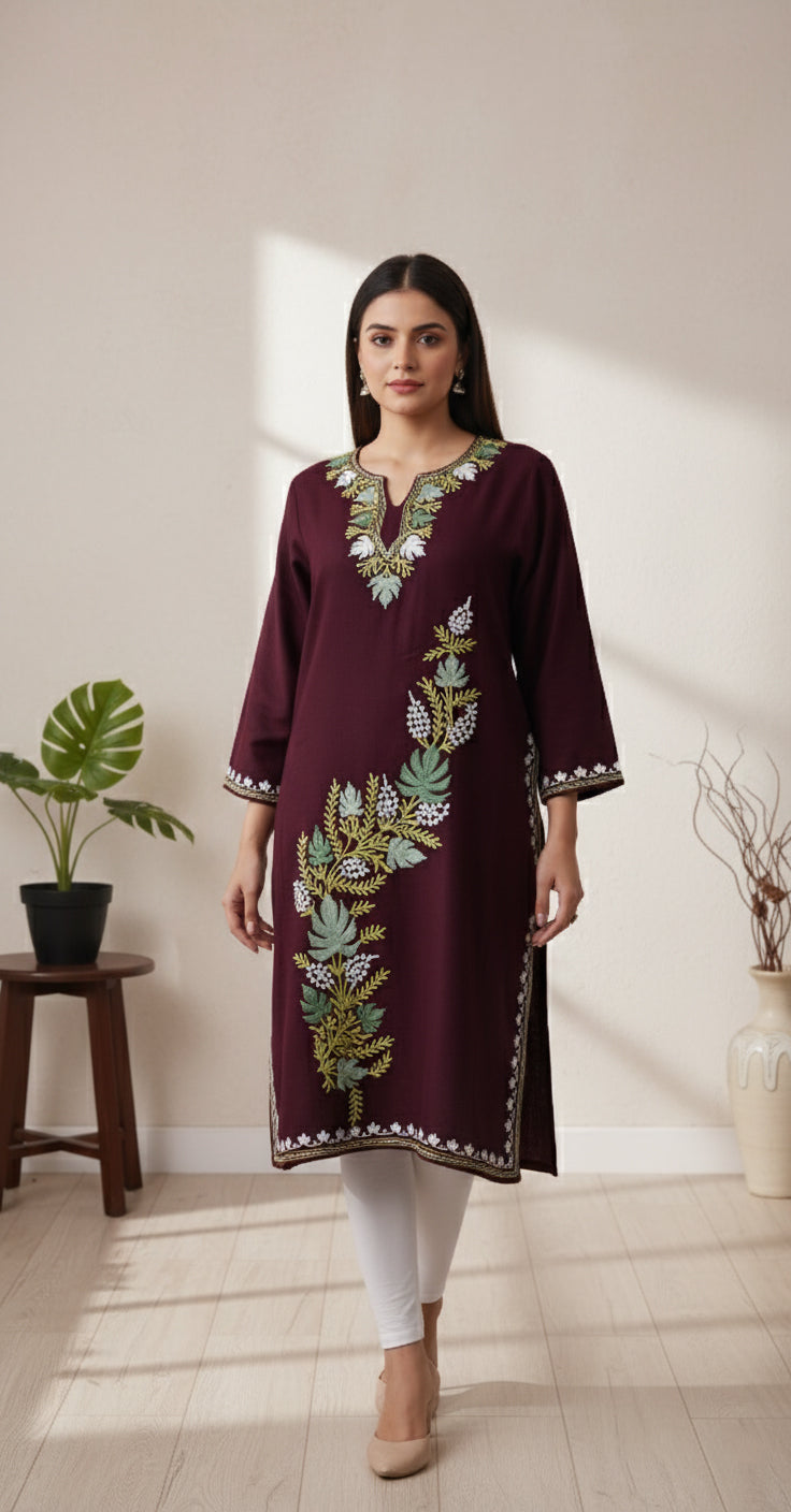 Crimson Petal Pheran with Aari Embroidery