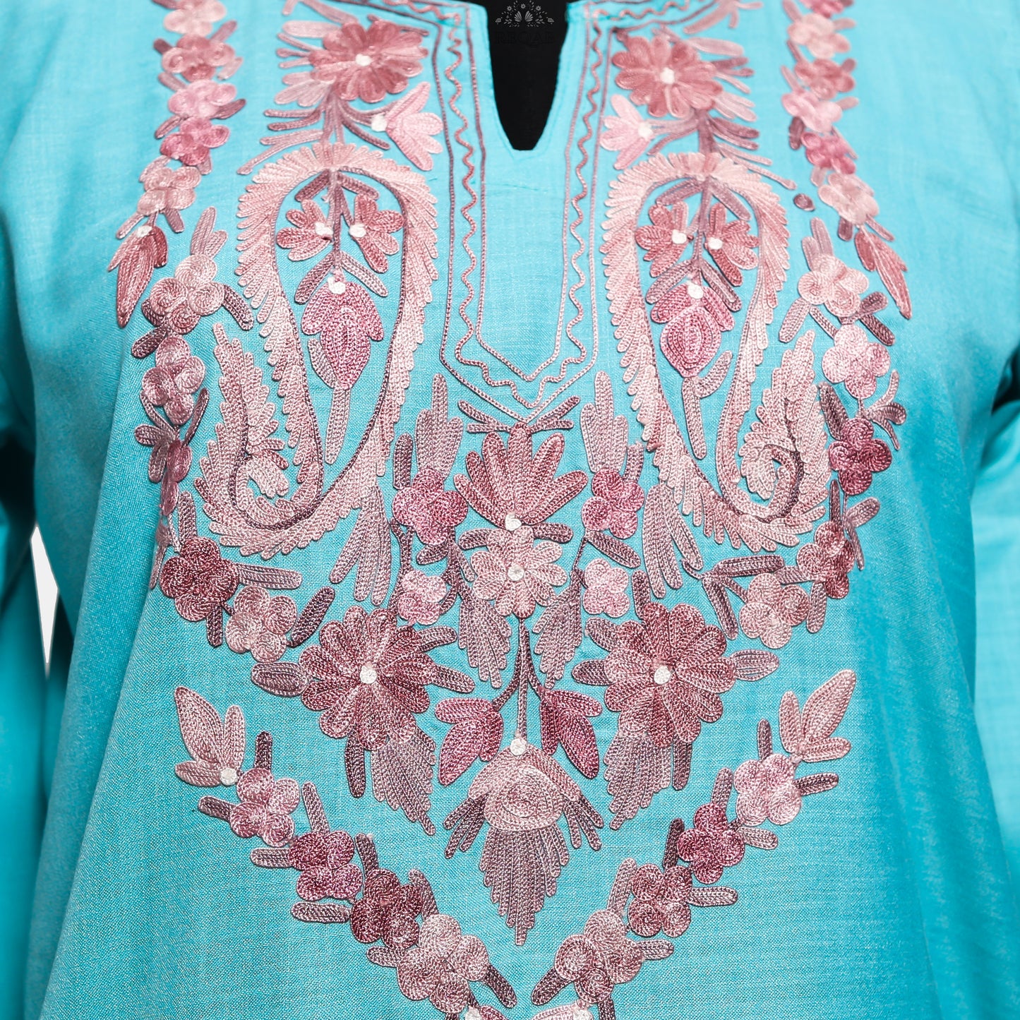 Pacific Blue Ruby Cotton Co-ord Set with Aari Embroidery