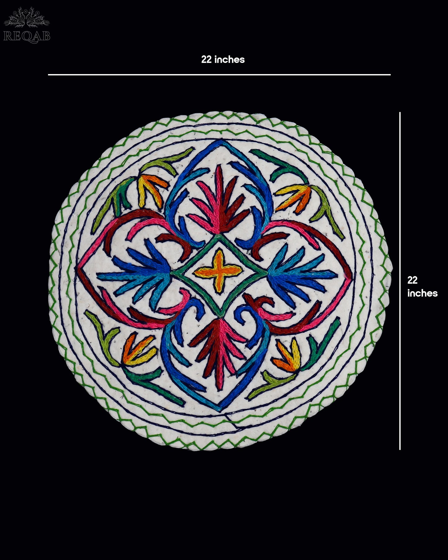 Leaf & Floral Design Small Circular Crewel Kashmiri Namda