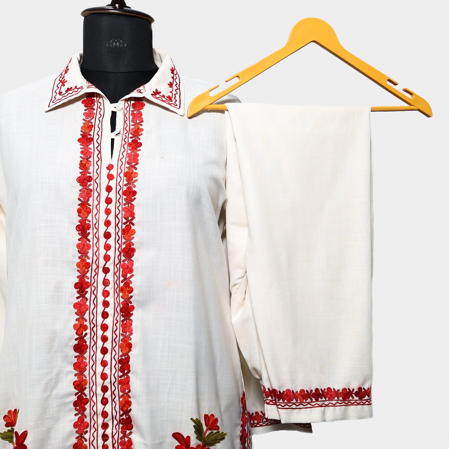 White Lilac Ruby Cotton Co-ord Set with Aari Embroidery
