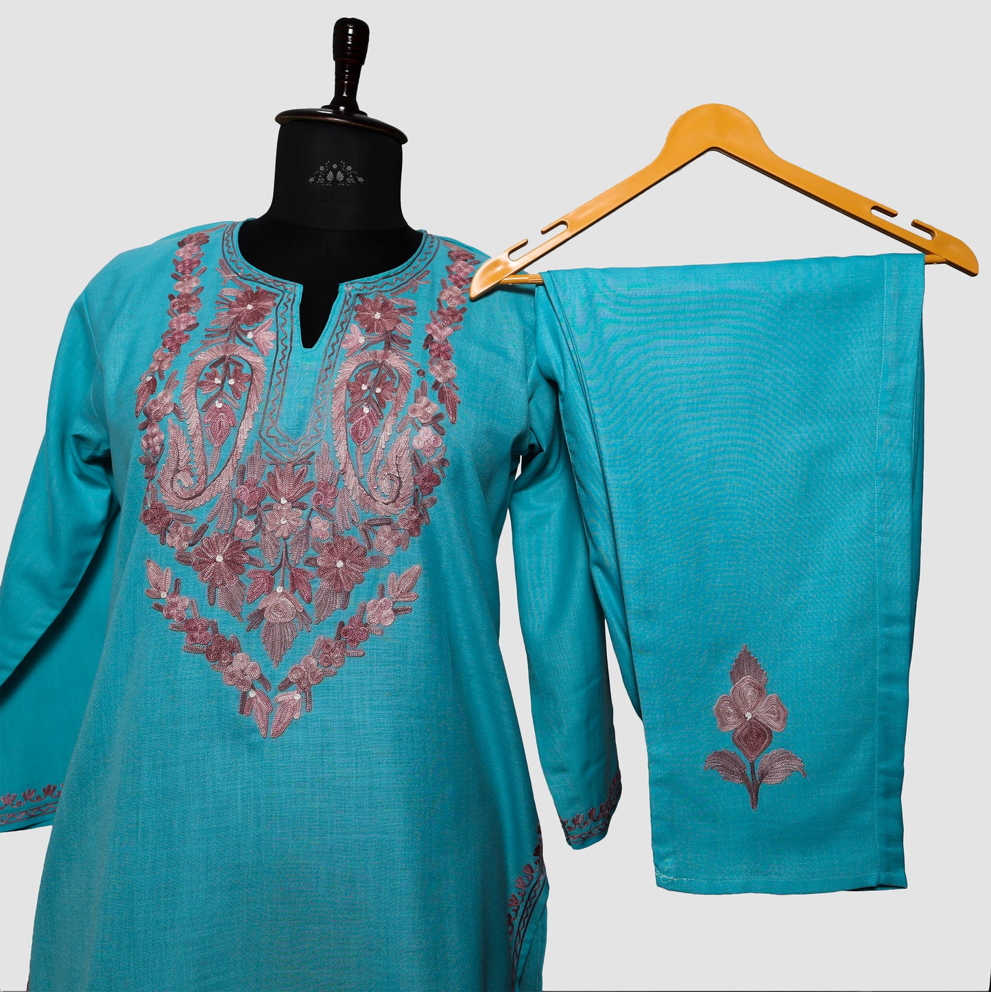 Pacific Blue Ruby Cotton Co-ord Set with Aari Embroidery