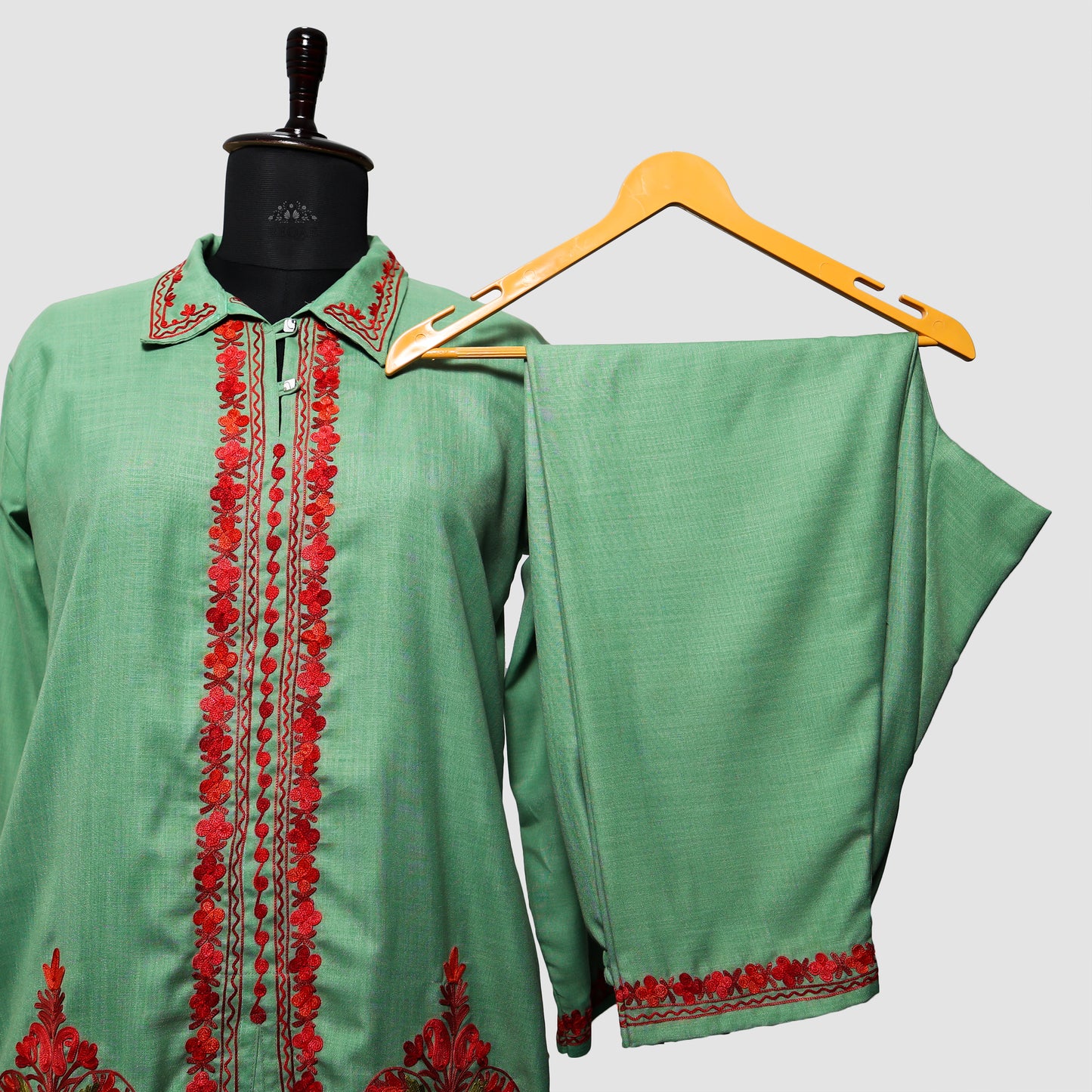 Bay Leaf Ruby Cotton Co-ord Set with Aari Embroidery