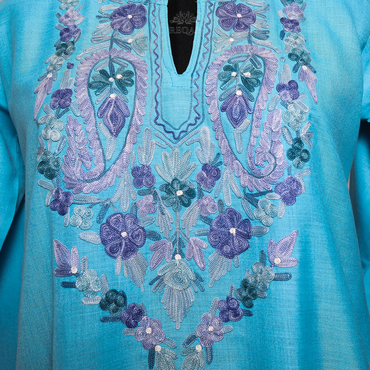 Viking Blue Ruby Cotton Kurti with Aari Embroidery