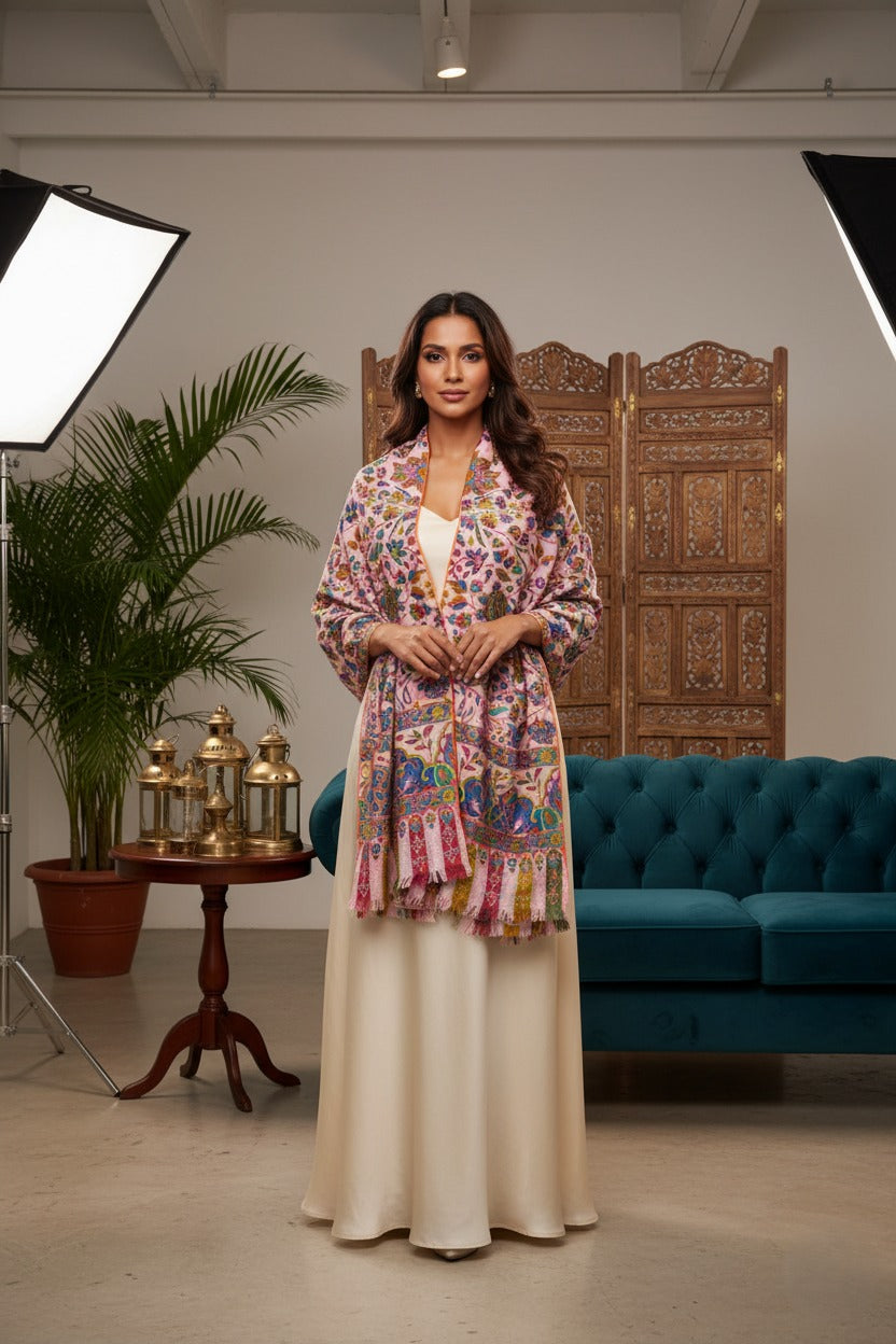 Classic Rose GI Sozni Kani Print Outline Pashmina Stole