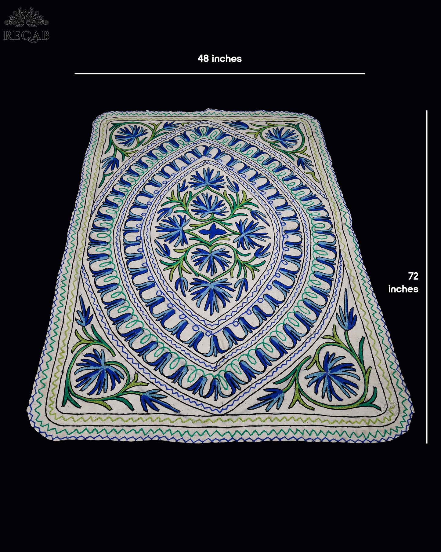 Floral & Leaf Design Green-Blue Large Rectangle Crewel Kashmiri Namda
