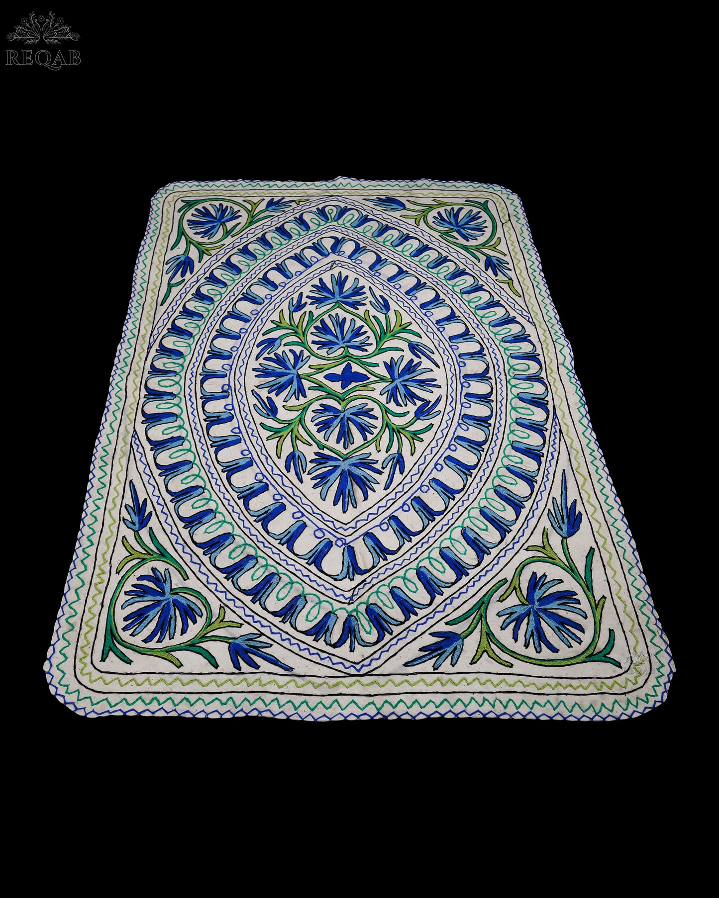 Floral & Leaf Design Green-Blue Large Rectangle Crewel Kashmiri Namda