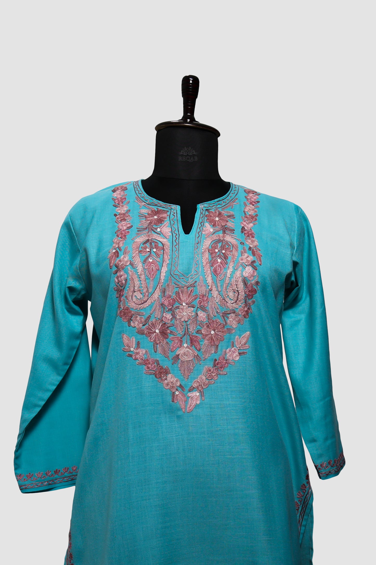 Pacific Blue Ruby Cotton Co-ord Set with Aari Embroidery
