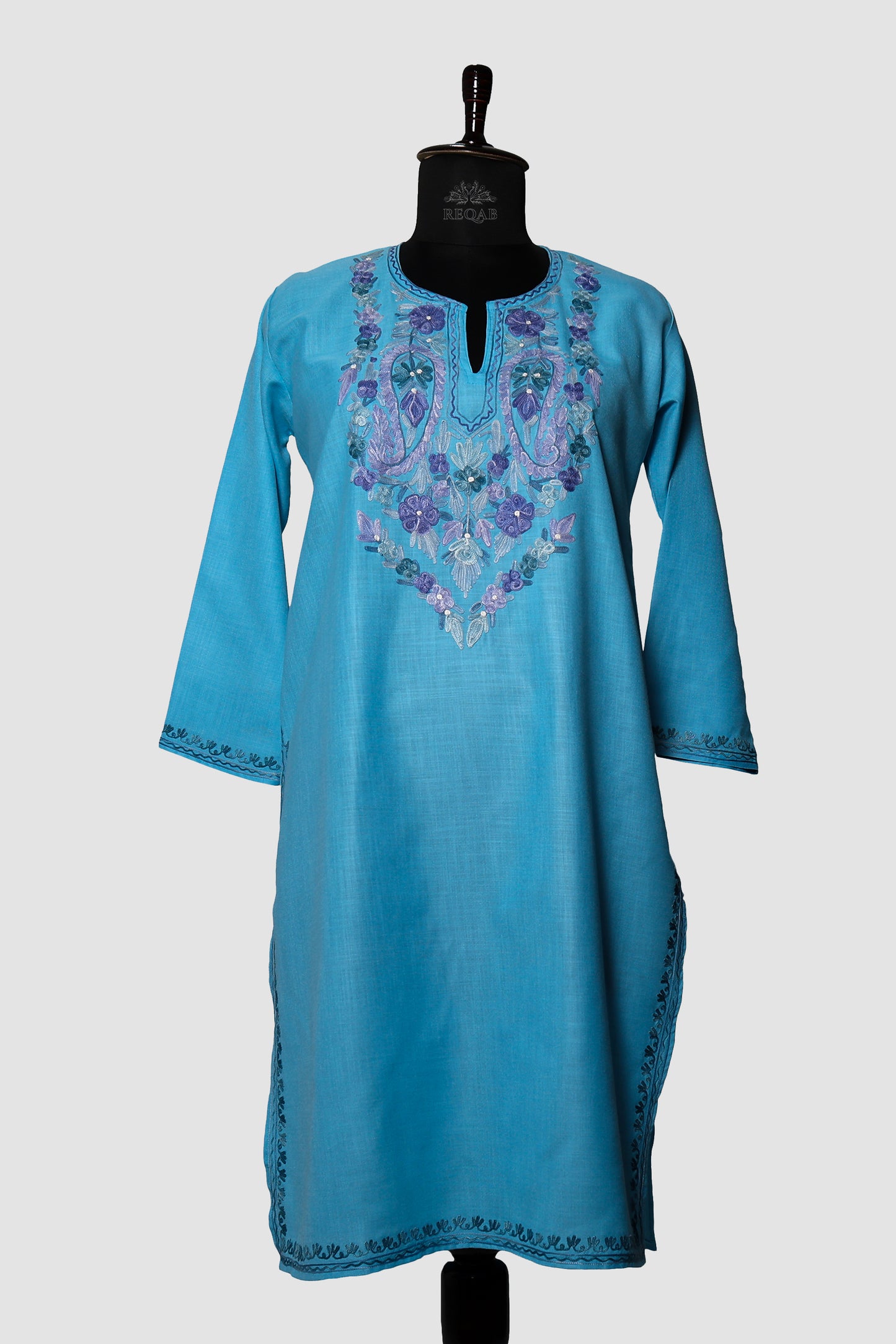 Viking Blue Ruby Cotton Kurti with Aari Embroidery