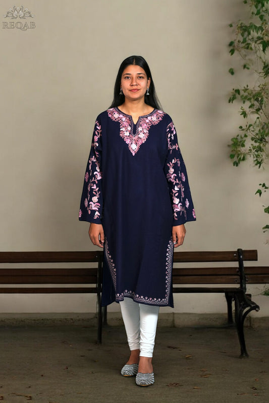 Lucky Point Blue Pheran with Aari Embroidery