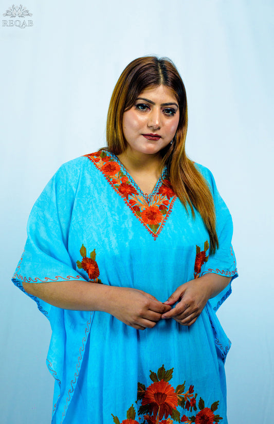 Seagull Blue Long Kaftan with Aari Embroidery