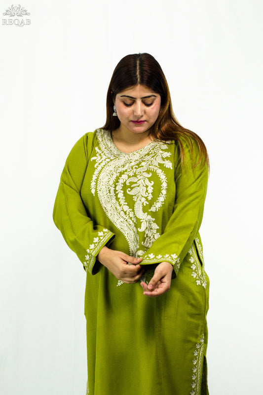 Citron Green Pheran with Zari Embroidery