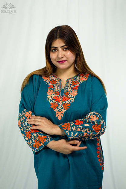 Blue Lagoon Pheran with Chinar Leaf Aari Embroidery