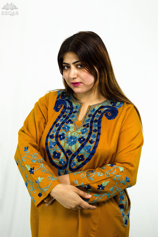 Dark Goldenrod Pheran with Aari Embroidery