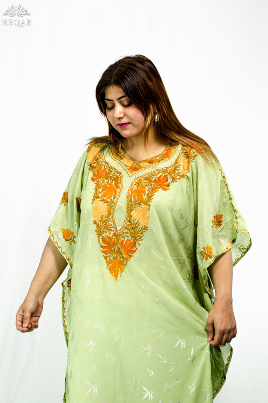 Olivine Green Long Kaftan with Aari Embroidery