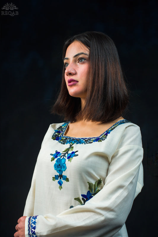 Catskill White Ruby Cotton Kurti with Blue Aari Embroidery