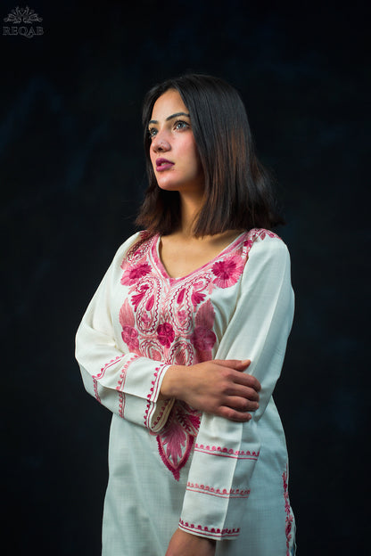 Catskill White Ruby Cotton Kurti with Red Aari Embroidery