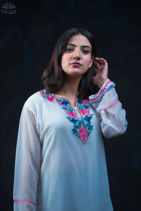 Tiara White Georgette Kurti with Pink-Blue Aari Embroidery