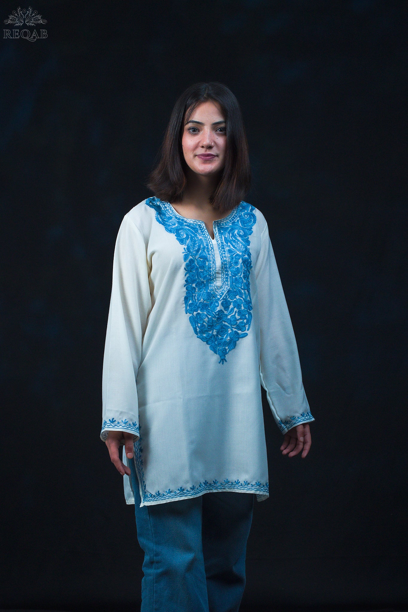 White Pointer Summer Cool Top with Blue Aari Embroidery