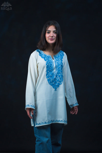 White Pointer Summer Cool Top with Blue Aari Embroidery