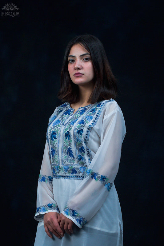 Pumice White Georgette Kurti with Blue Aari Embroidery