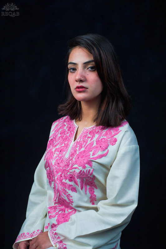 Tiara White Ruby Cotton Kurti with Pink Aari Embroidery