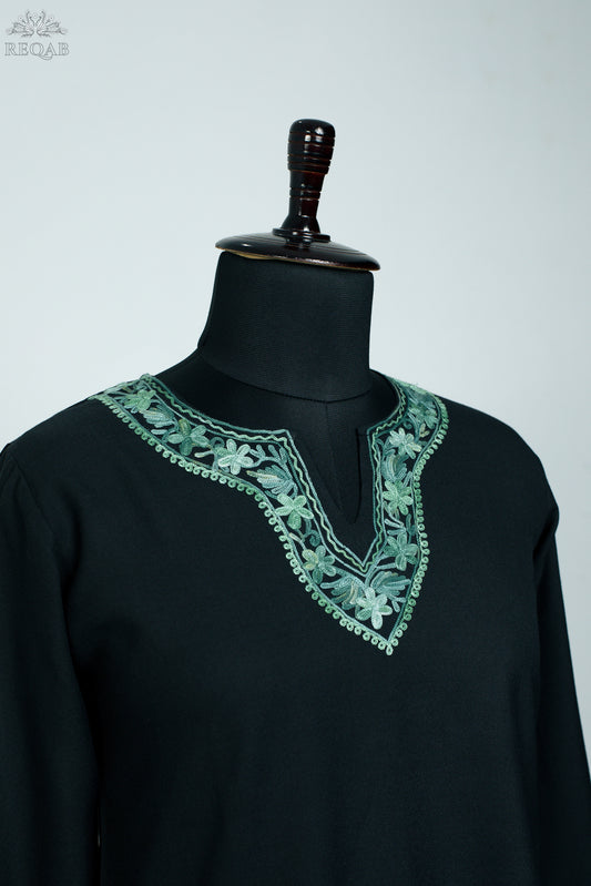 Midnight Moss Summer Cool Kurti with Green Aari Embroidery