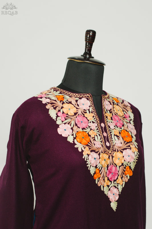 Bulgarian Rose Cashmilon Kurti with Aari Embroidery