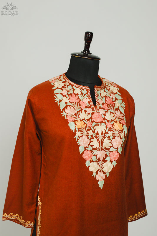 Medium Carmine Cashmilon Kurti with Aari Embroidery