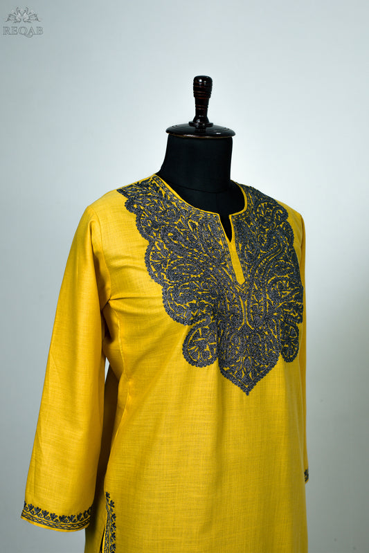 Apache Yellow Ruby Cotton Kurti with Zari Embroidery
