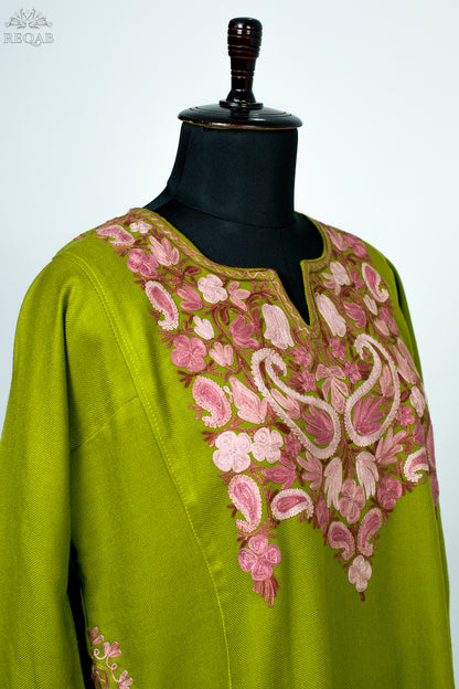 Citron Green Pheran with Almond Shaped Aari Embroidery