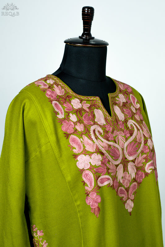 Citron Green Pheran with Almond Shaped Aari Embroidery