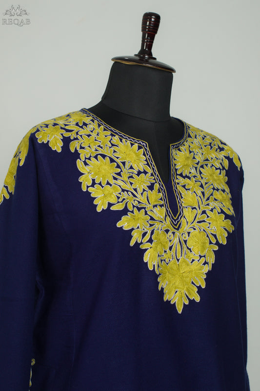 Midnight Express Blue Pheran with Aari Embroidery on Zari Border