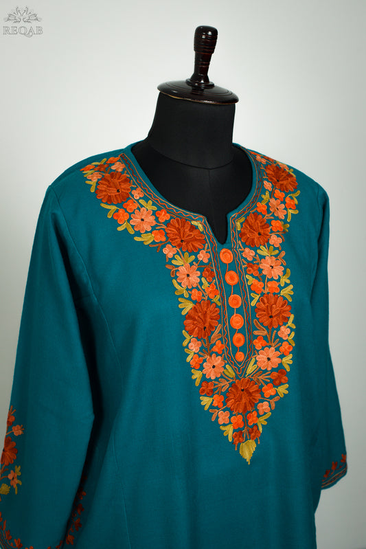 Blue Lagoon Pheran with Aari Embroidery