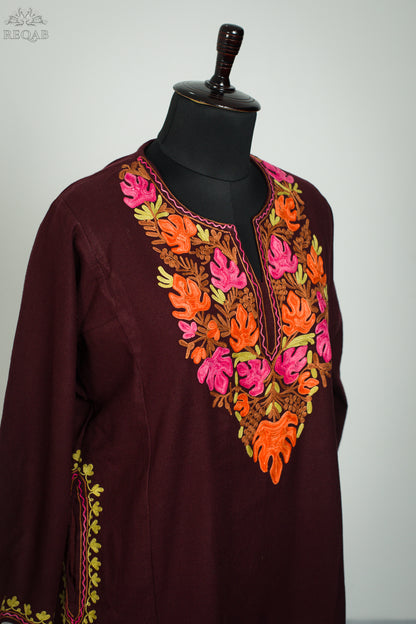 Rustic Red Pheran with Aari Embroidery