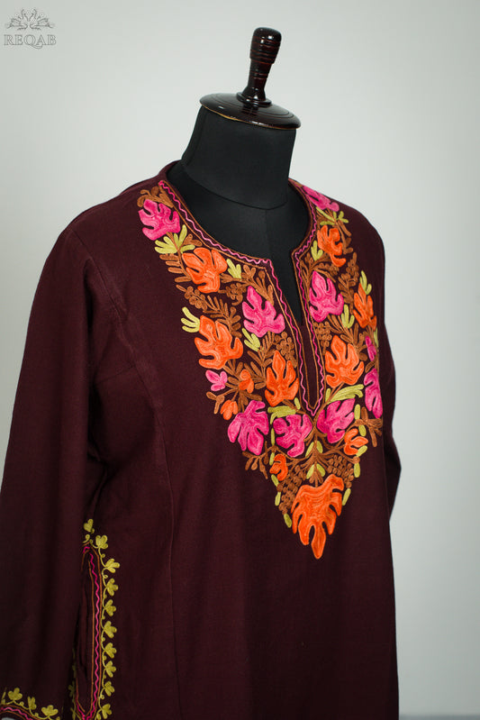 Rustic Red Pheran with Aari Embroidery