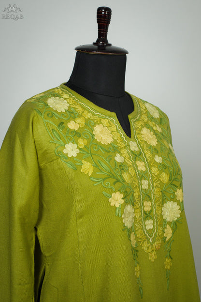 Husk Green Pheran with Aari Embroidery