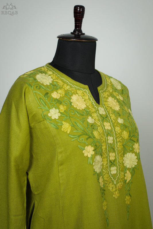 Husk Green Pheran with Aari Embroidery