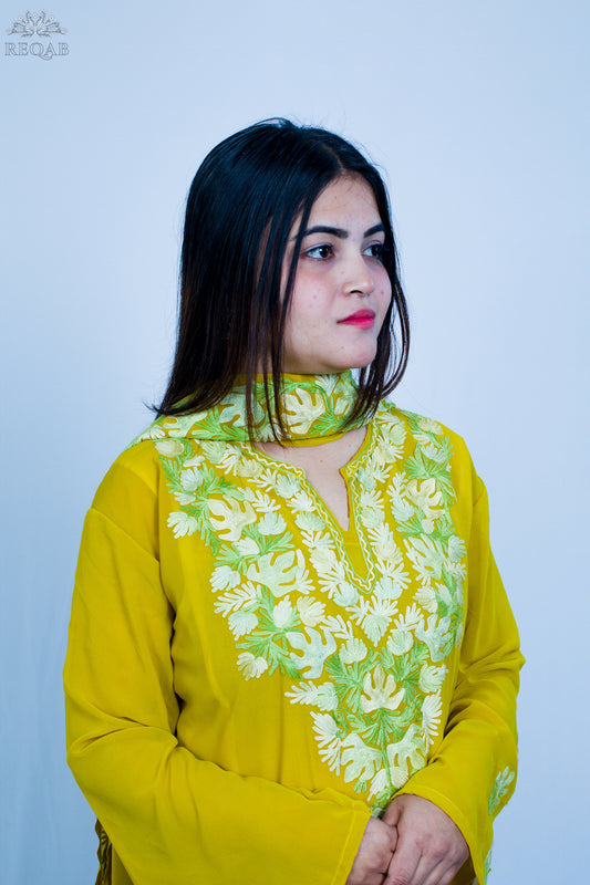 Metallic Gold Three-Piece Suit with Aari Embroidery