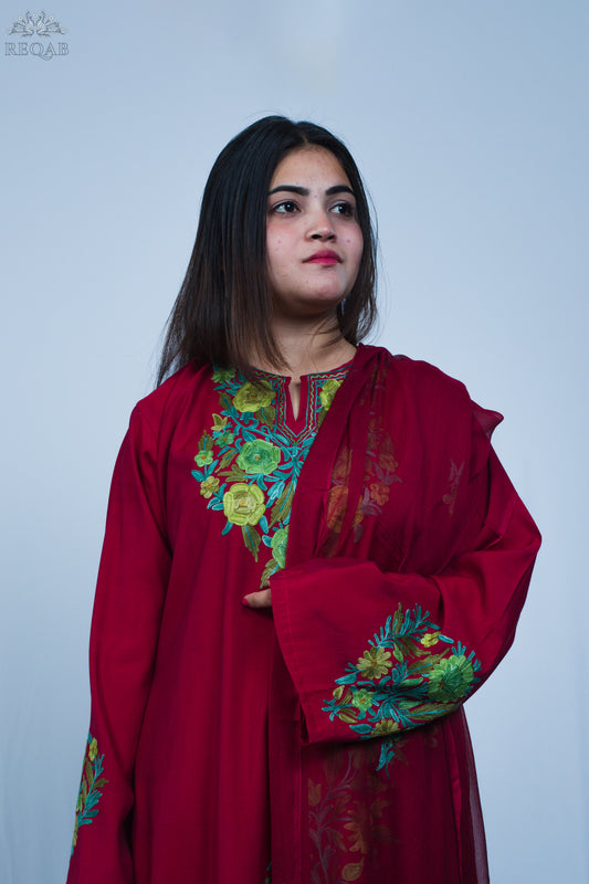Fire Brick Three-Piece Suit with Aari Embroidery
